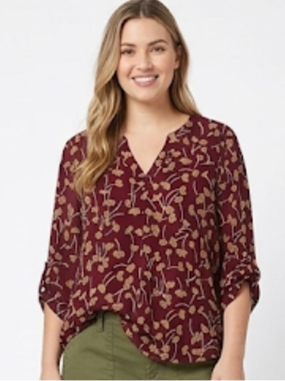 Beacon long sleeve roll tab blouse burgundy tulips print size XXL